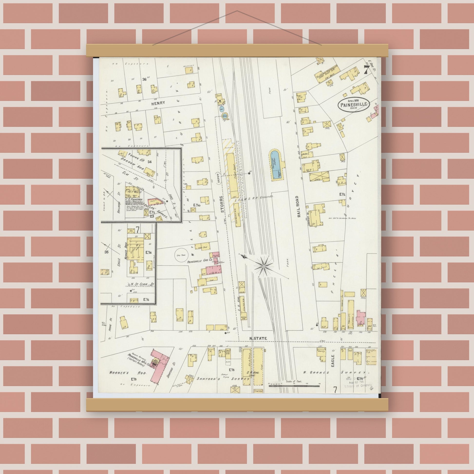 Old map wall art mockup — magnetic wood frame on brick wall — Sanborn Fire Insurance Map from Painesville, Lake County, Ohio (1898), Sheet #0007