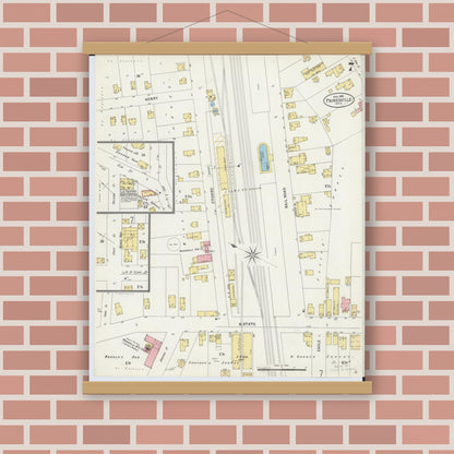 Old map wall art mockup — magnetic wood frame on brick wall — Sanborn Fire Insurance Map from Painesville, Lake County, Ohio (1898), Sheet #0007