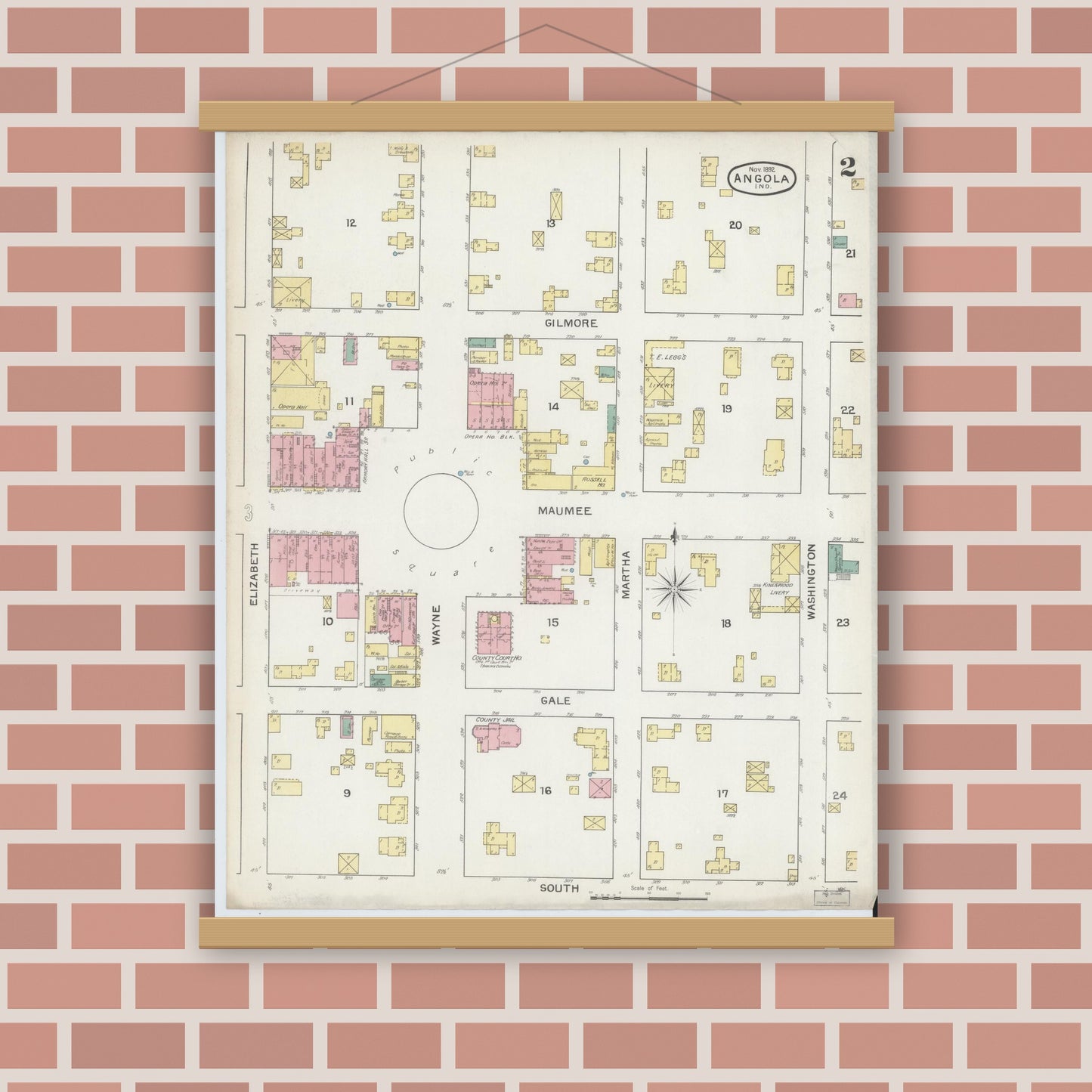 Old map wall art mockup — magnetic wood frame on brick wall — Sanborn Fire Insurance Map from Angola, Steuben County, Indiana (1892), Sheet #0002