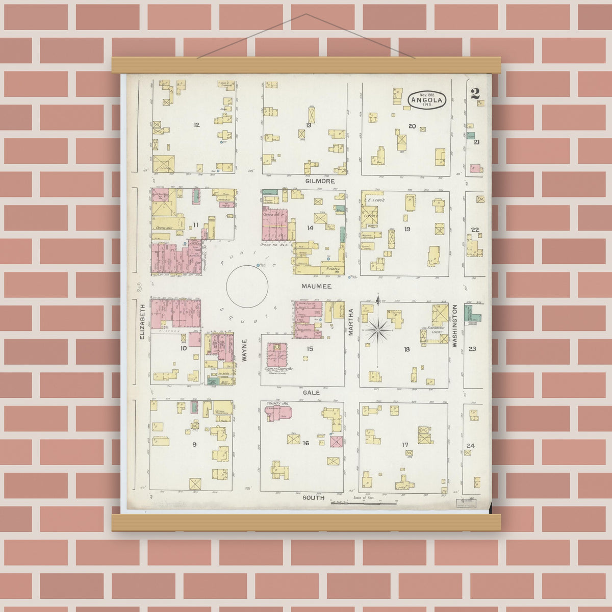 Old map wall art mockup — magnetic wood frame on brick wall — Sanborn Fire Insurance Map from Angola, Steuben County, Indiana (1892), Sheet #0002