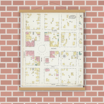 Old map wall art mockup — magnetic wood frame on brick wall — Sanborn Fire Insurance Map from Angola, Steuben County, Indiana (1892), Sheet #0002