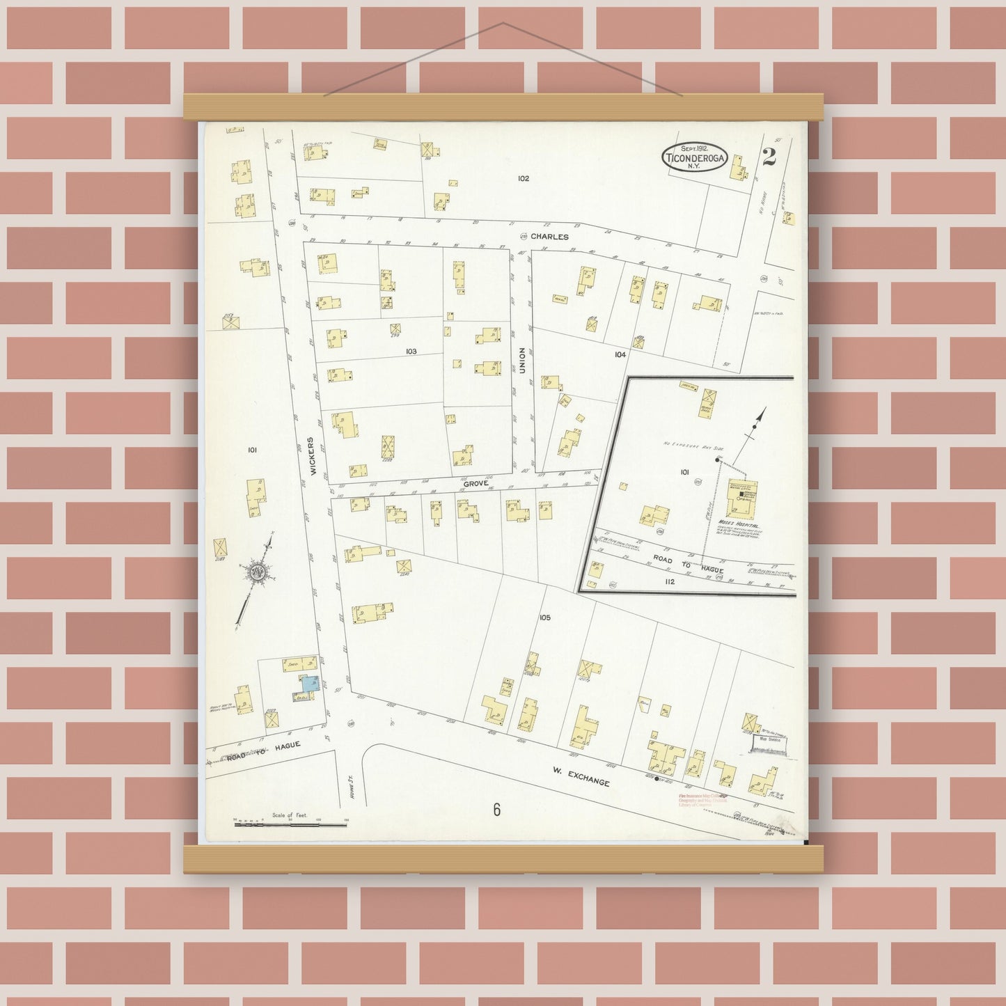 Old map wall art mockup — magnetic wood frame on brick wall — Sanborn Fire Insurance Map from Ticonderoga, Essex County, New York (1912), Sheet #0002
