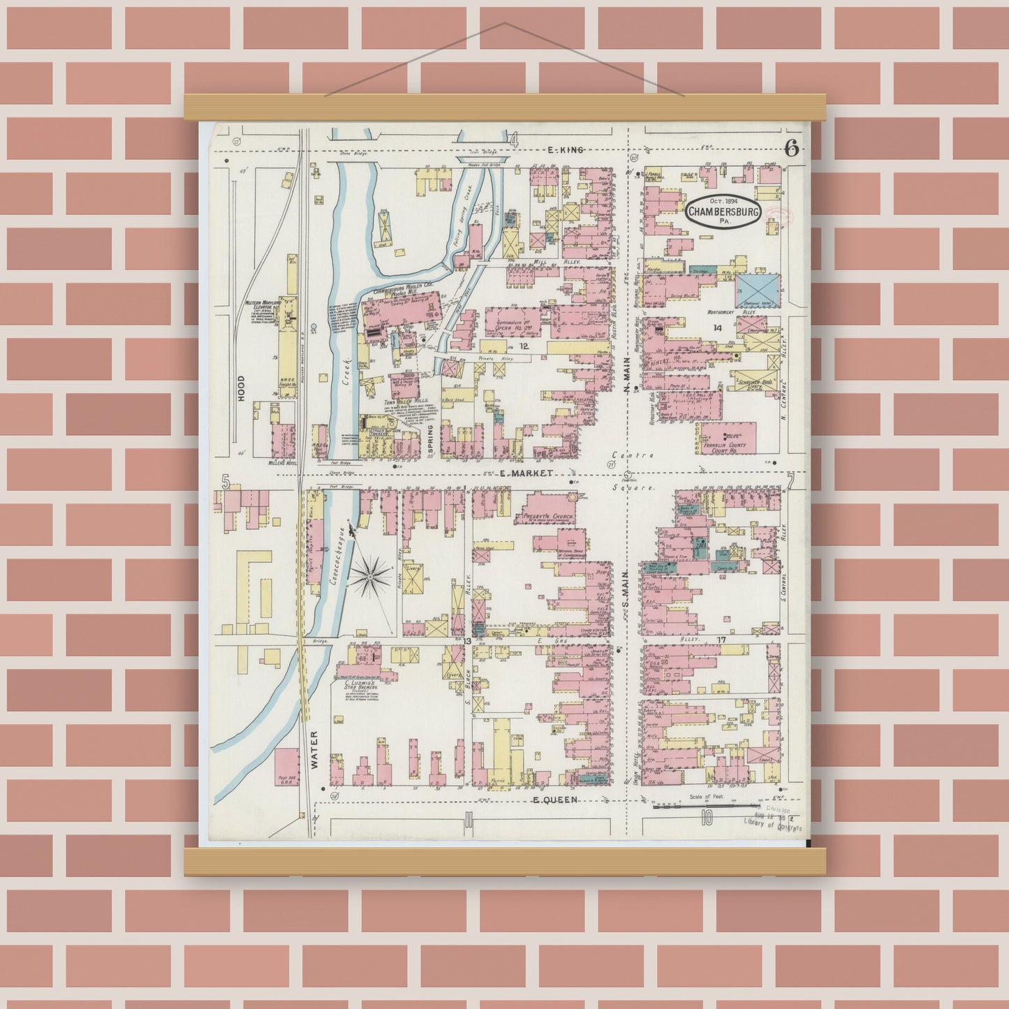 Old map wall art mockup — magnetic wood frame on brick wall — Sanborn Fire Insurance Map from Chambersburg, Franklin County, Pennsylvania (1894), Sheet #0006