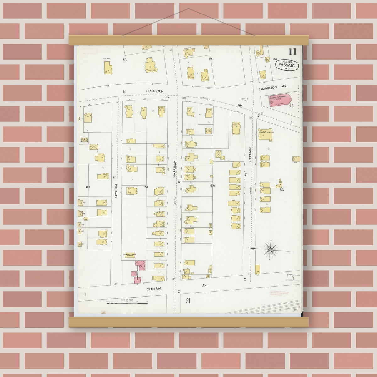 Old map wall art mockup — magnetic wood frame on brick wall — Sanborn Fire Insurance Map from Passaic, Passaic County, New Jersey (1899), Sheet #0011