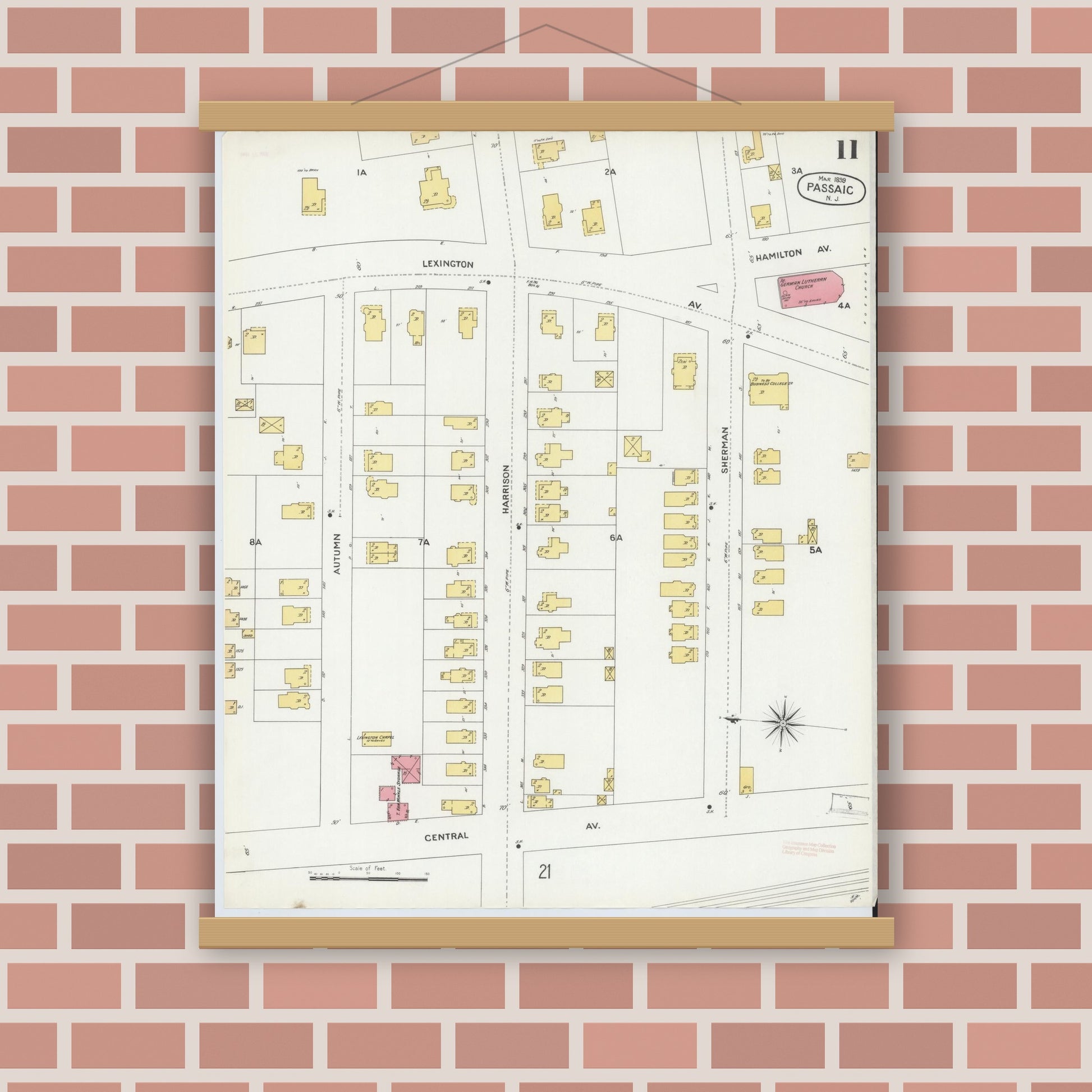 Old map wall art mockup — magnetic wood frame on brick wall — Sanborn Fire Insurance Map from Passaic, Passaic County, New Jersey (1899), Sheet #0011