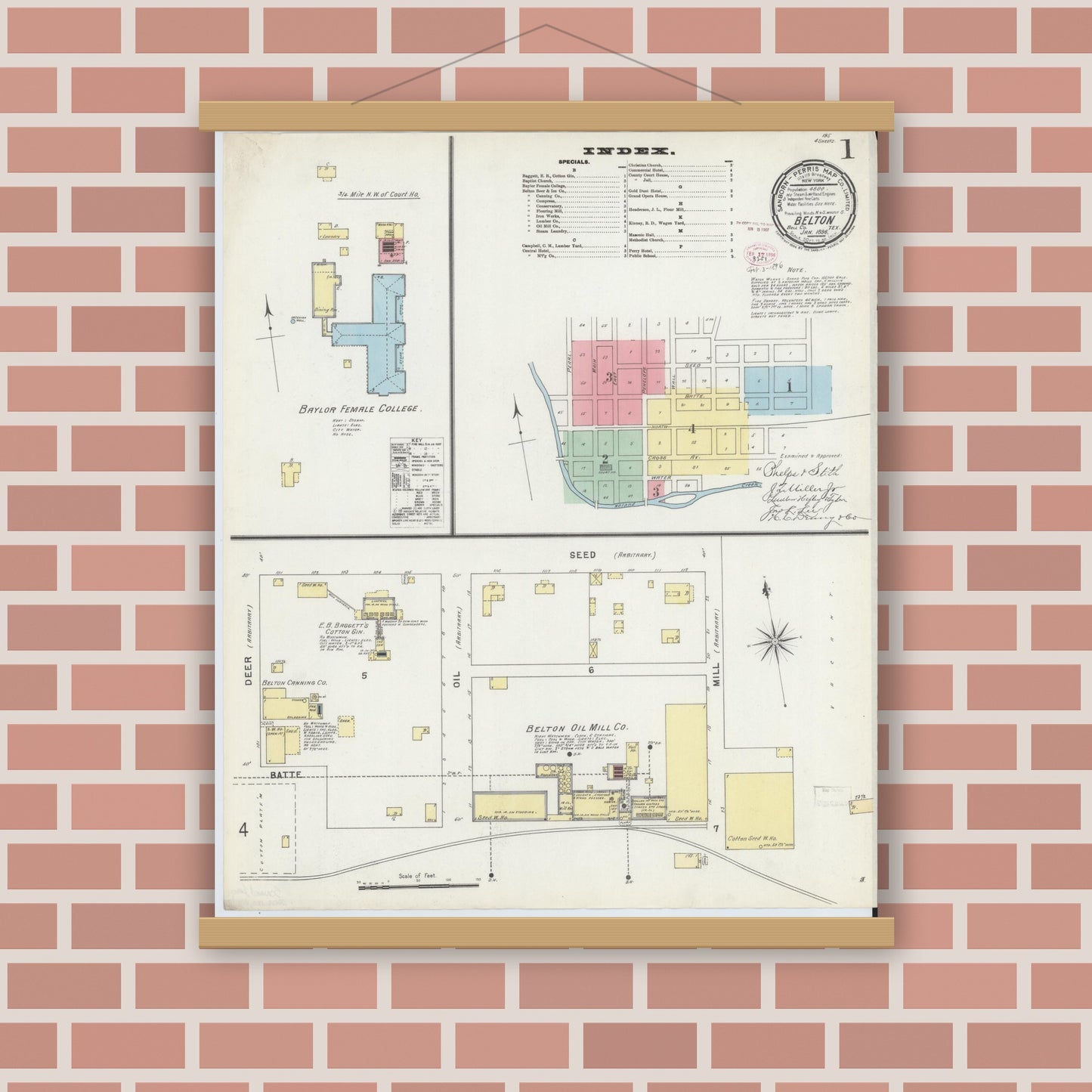 Old map wall art mockup — magnetic wood frame on brick wall — Sanborn Fire Insurance Map from Belton, Bell County, Texas (1896), Sheet #0001