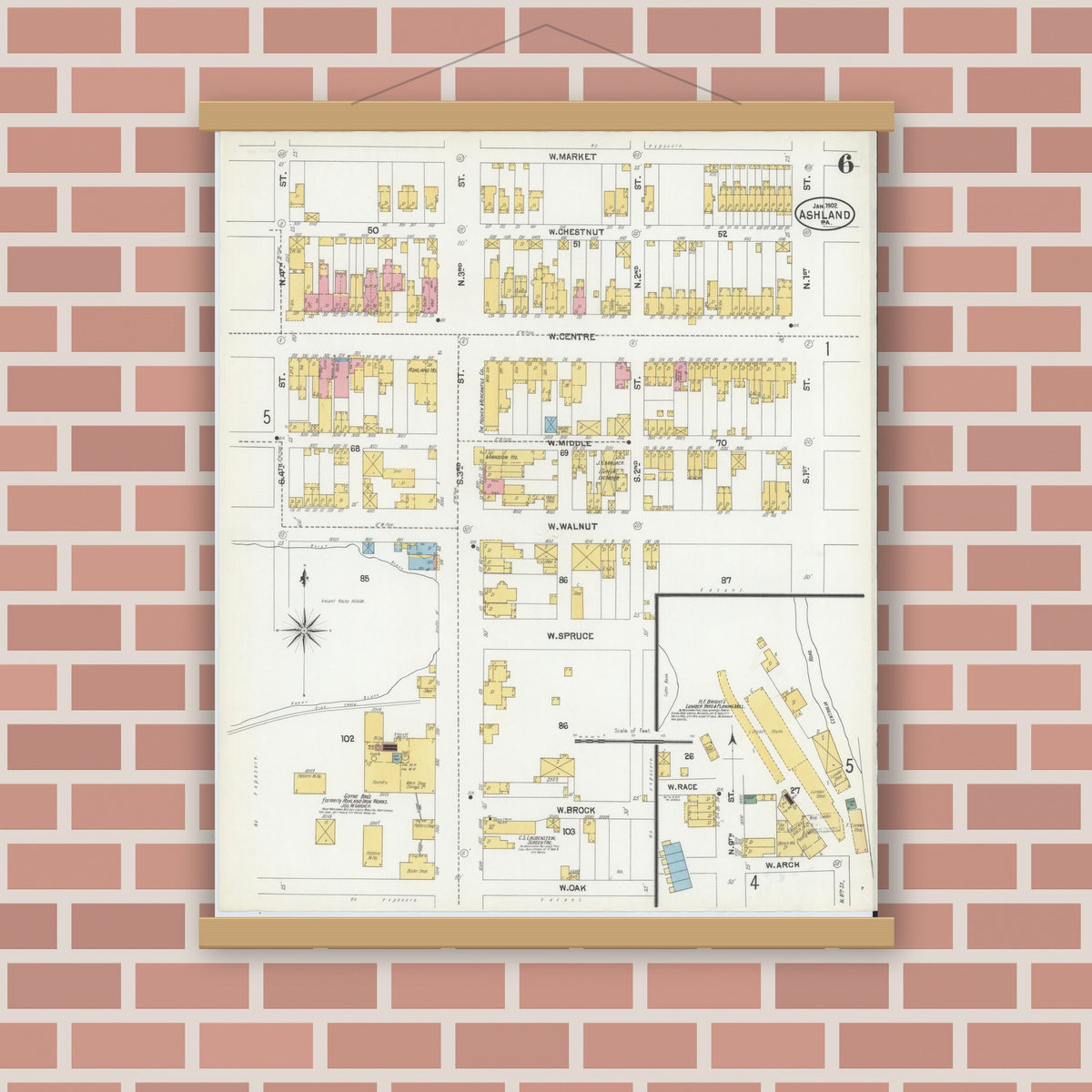 Old map wall art mockup — magnetic wood frame on brick wall — Sanborn Fire Insurance Map from Ashland, Schuylkill County, Pennsylvania (1902), Sheet #0006