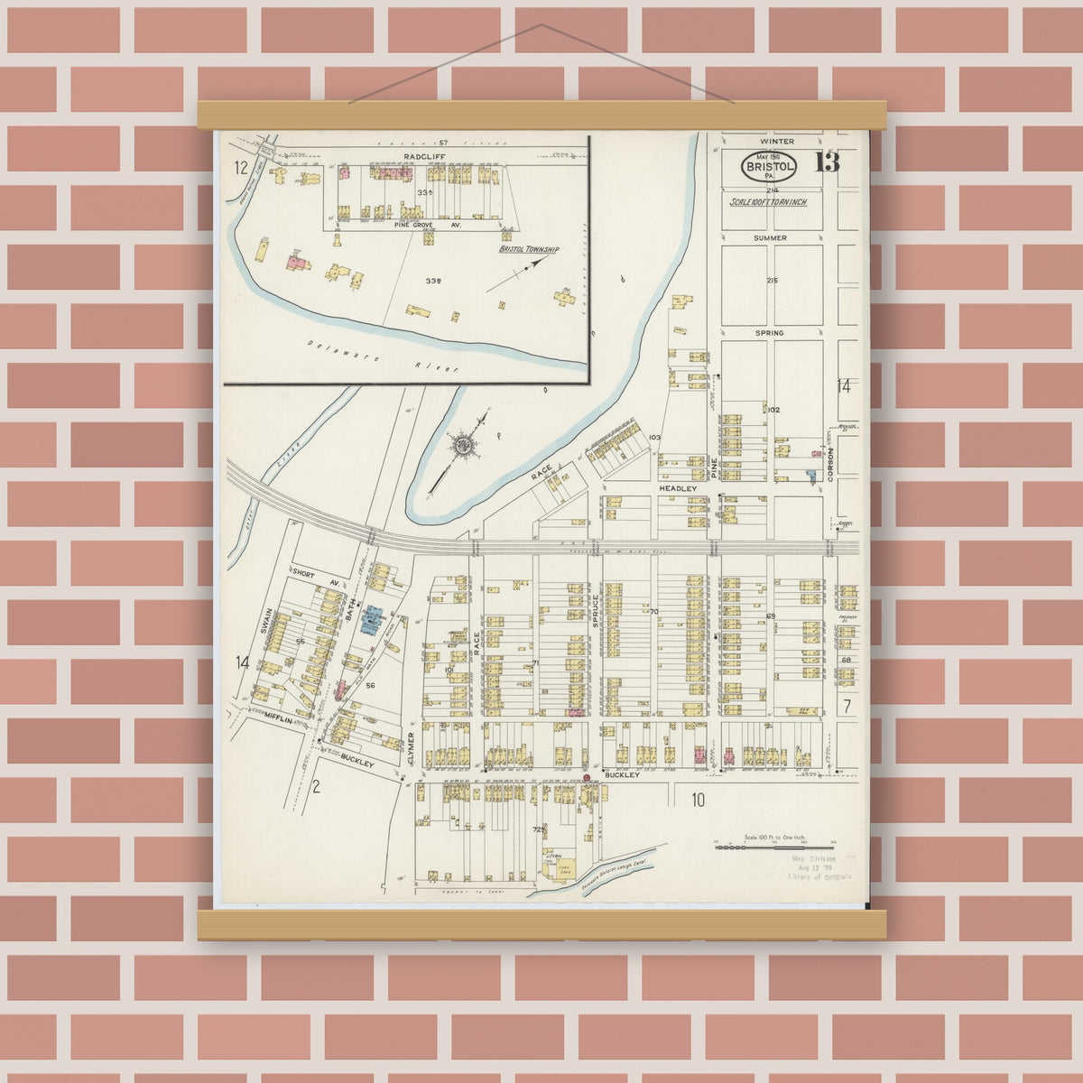 Old map wall art mockup — magnetic wood frame on brick wall — Sanborn Fire Insurance Map from Bristol, Bucks County, Pennsylvania (1915), Sheet #0013