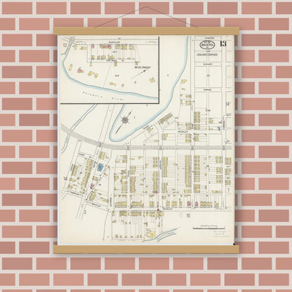 Old map wall art mockup — magnetic wood frame on brick wall — Sanborn Fire Insurance Map from Bristol, Bucks County, Pennsylvania (1915), Sheet #0013