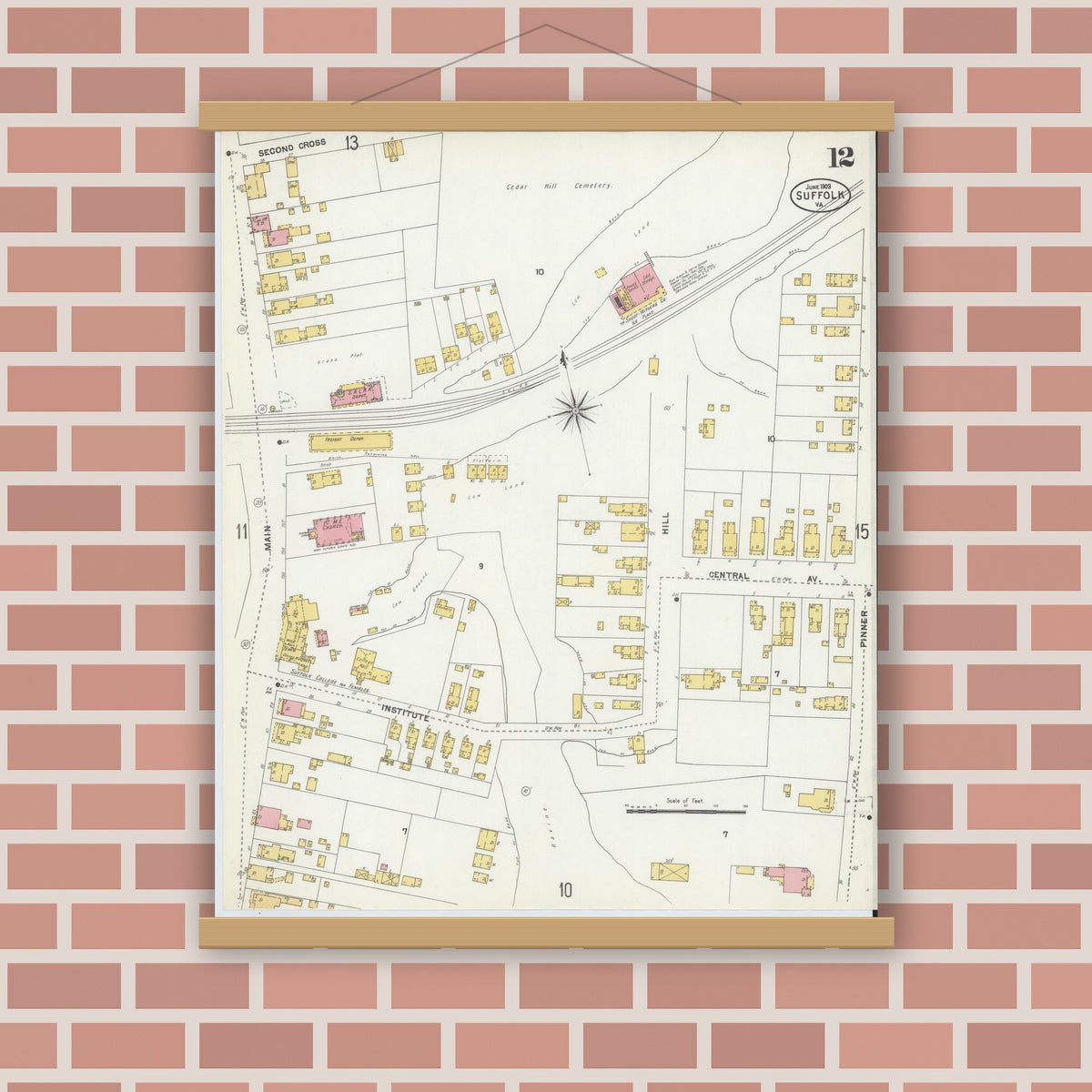 Old map wall art mockup — magnetic wood frame on brick wall — Sanborn Fire Insurance Map from Suffolk, Independent Cities, Virginia (1903), Sheet #0012