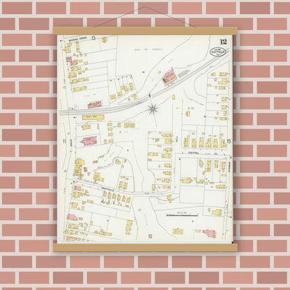 Old map wall art mockup — magnetic wood frame on brick wall — Sanborn Fire Insurance Map from Suffolk, Independent Cities, Virginia (1903), Sheet #0012