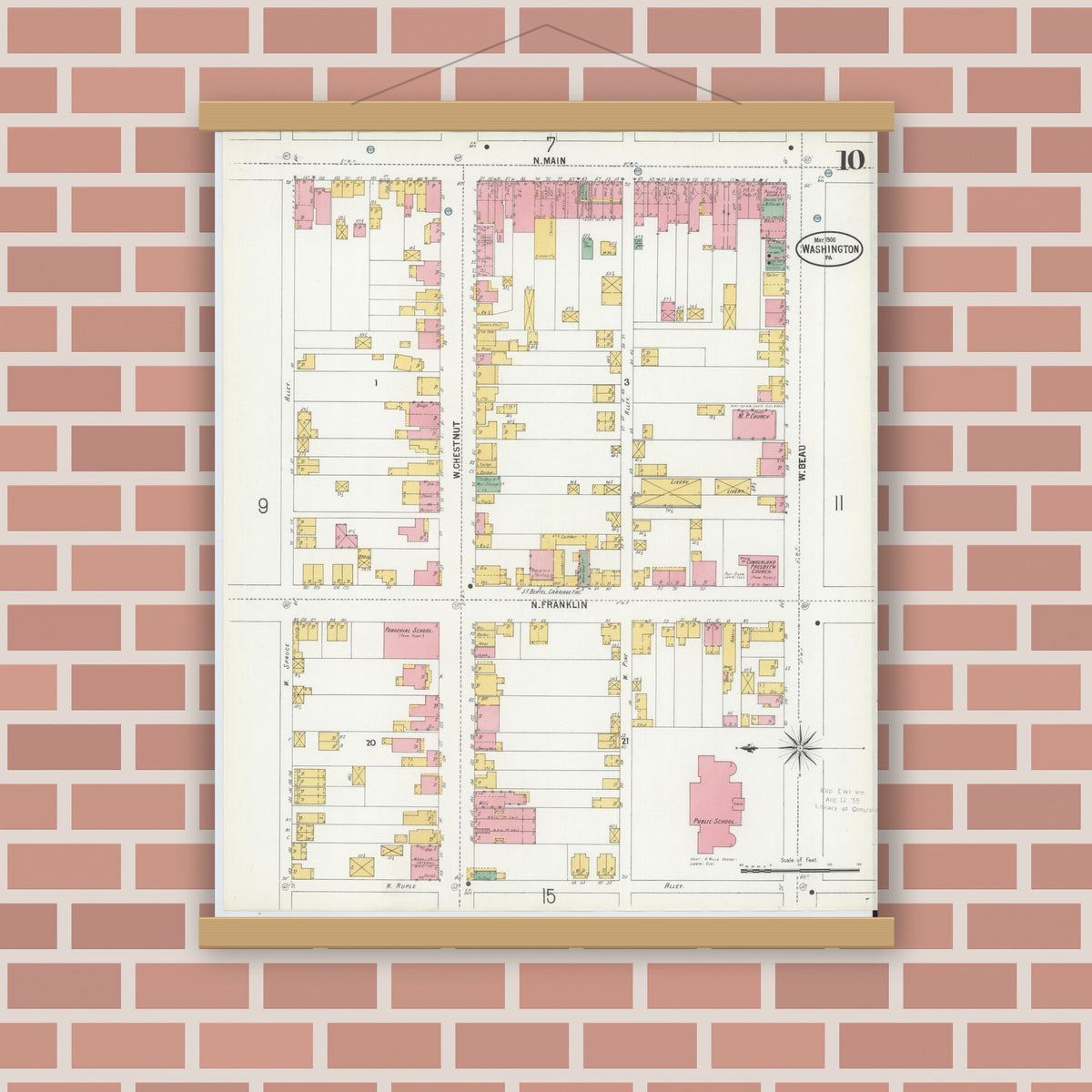 Old map wall art mockup — magnetic wood frame on brick wall — Sanborn Fire Insurance Map from Washington, Washington County, Pennsylvania (1900), Sheet #0010