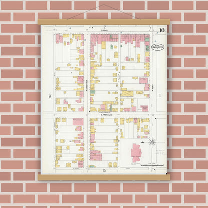 Old map wall art mockup — magnetic wood frame on brick wall — Sanborn Fire Insurance Map from Washington, Washington County, Pennsylvania (1900), Sheet #0010