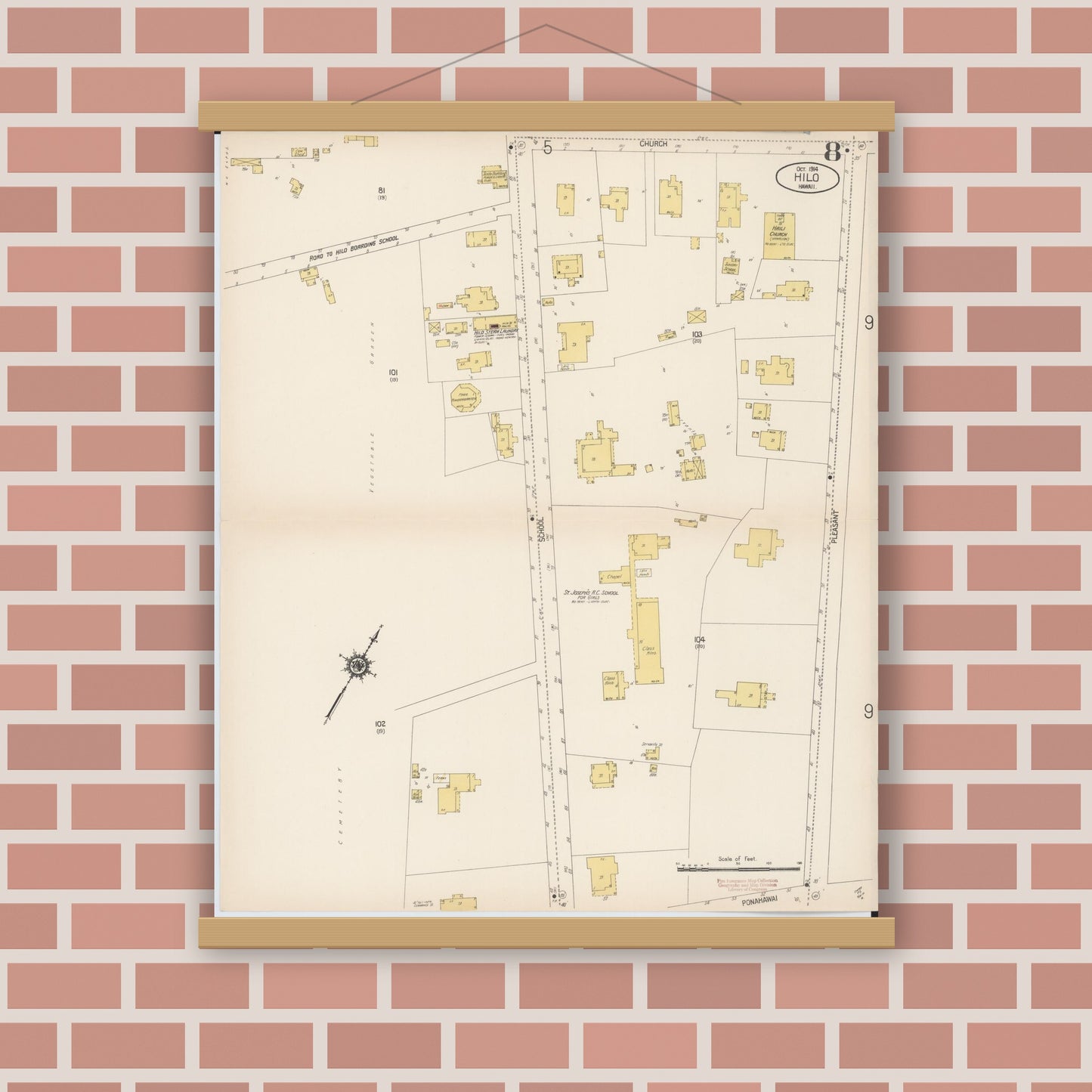 Old map wall art mockup — magnetic wood frame on brick wall — Sanborn Fire Insurance Map from Hilo, Hawaii County, Hawaii (1914), Sheet #0008