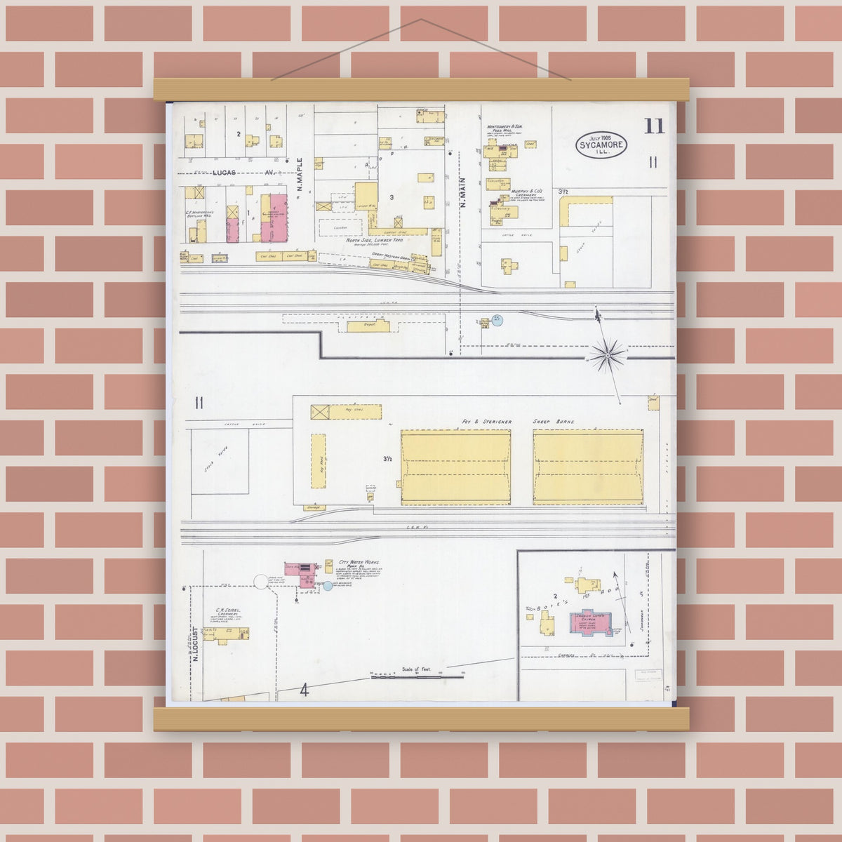 Old map wall art mockup — magnetic wood frame on brick wall — Sanborn Fire Insurance Map from Sycamore, De Kalb County, Illinois (1905), Sheet #0011