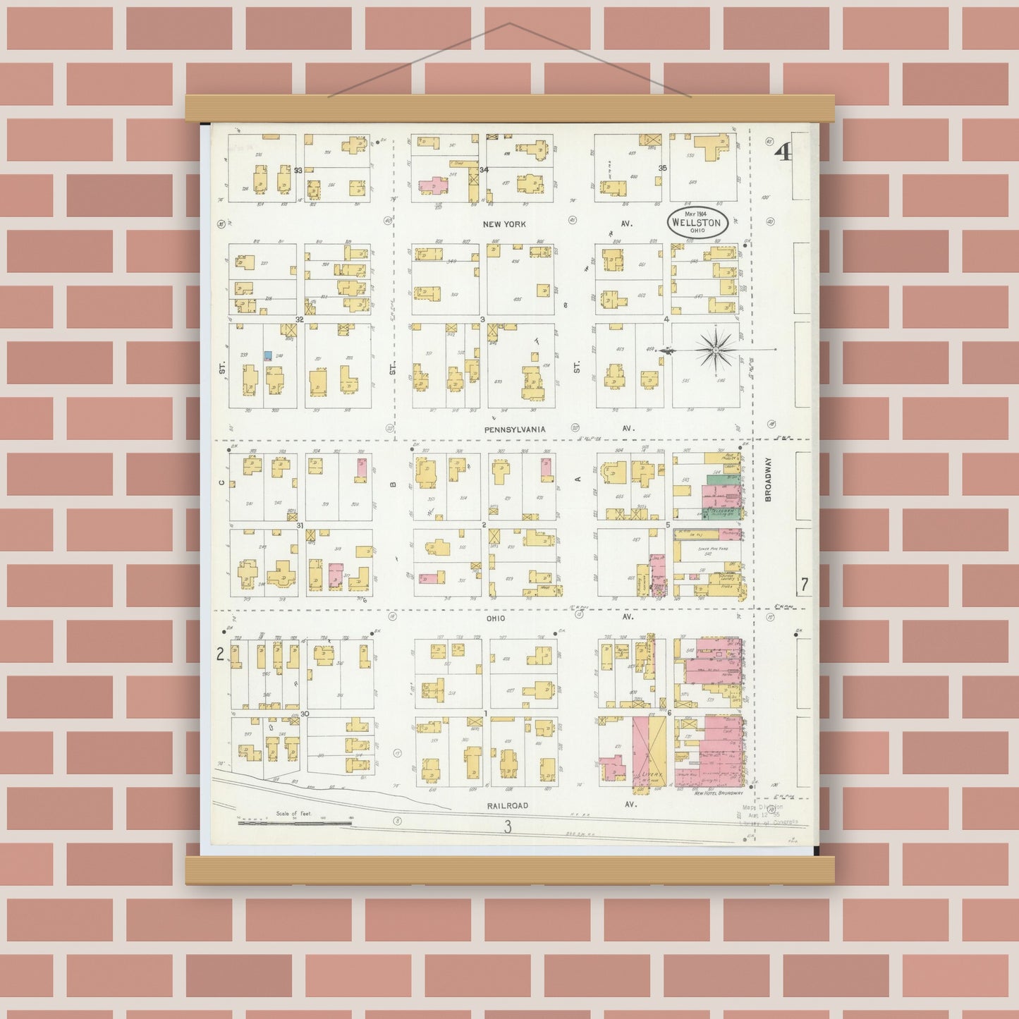 Old map wall art mockup — magnetic wood frame on brick wall — Sanborn Fire Insurance Map from Wellston, Jackson County, Ohio (1904), Sheet #0004