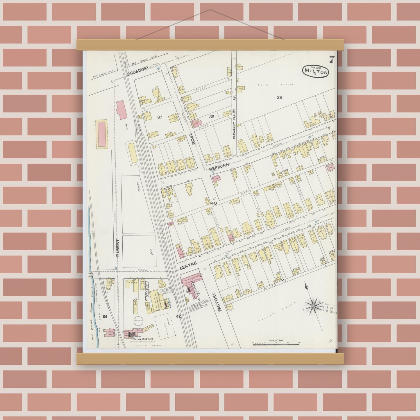Old map wall art mockup — magnetic wood frame on brick wall — Sanborn Fire Insurance Map from Milton, Northumberland County, Pennsylvania (1890), Sheet #0007