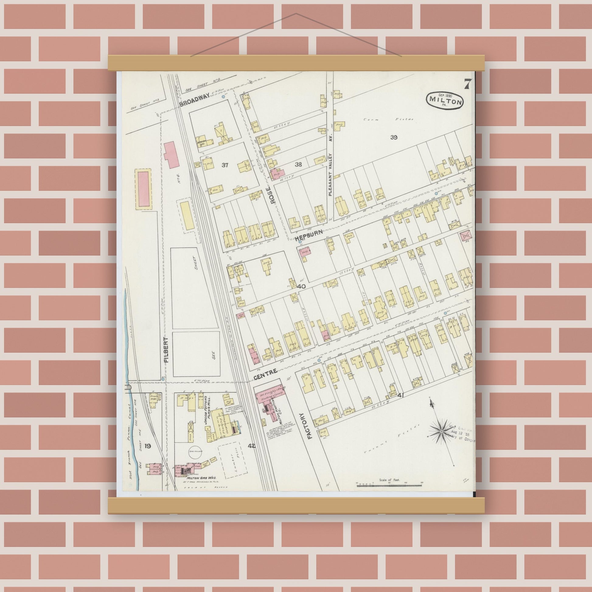 Old map wall art mockup — magnetic wood frame on brick wall — Sanborn Fire Insurance Map from Milton, Northumberland County, Pennsylvania (1890), Sheet #0007