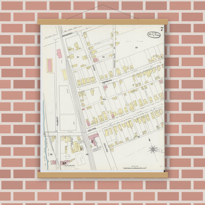 Old map wall art mockup — magnetic wood frame on brick wall — Sanborn Fire Insurance Map from Milton, Northumberland County, Pennsylvania (1890), Sheet #0007