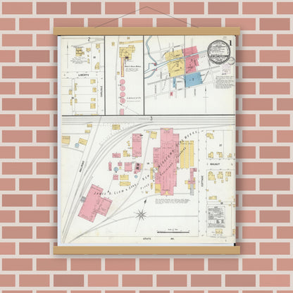 Old map wall art mockup — magnetic wood frame on brick wall — Sanborn Fire Insurance Map from Newcomerstown, Tuscarawas County, Ohio (1901), Sheet #0001