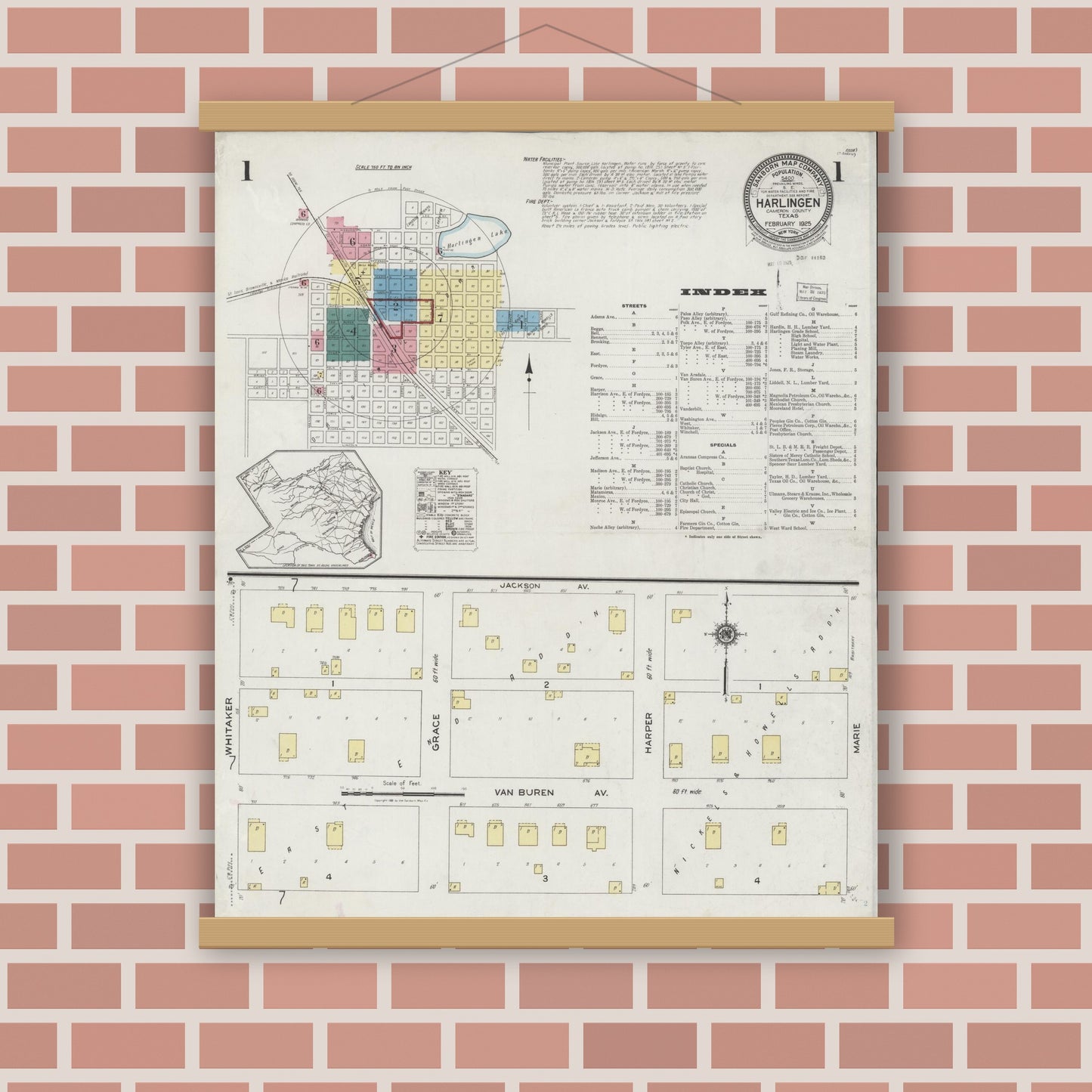 Old map wall art mockup — magnetic wood frame on brick wall — Sanborn Fire Insurance Map from Harlingen, Cameron County, Texas (1925), Sheet #0001