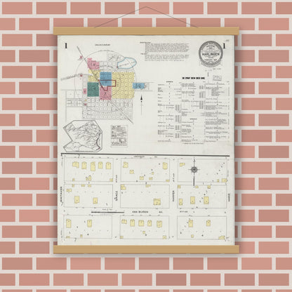 Old map wall art mockup — magnetic wood frame on brick wall — Sanborn Fire Insurance Map from Harlingen, Cameron County, Texas (1925), Sheet #0001