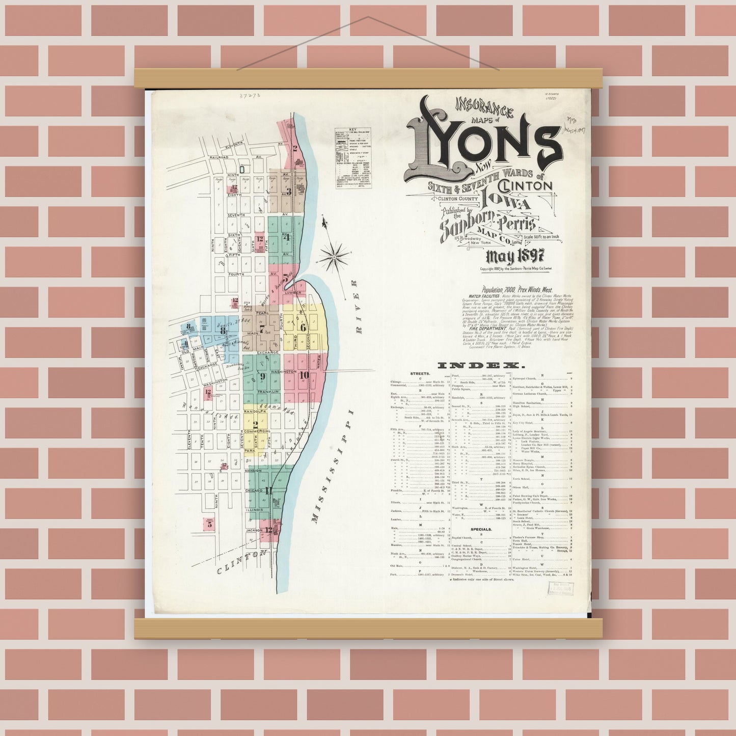Old map wall art mockup — magnetic wood frame on brick wall — Sanborn Fire Insurance Map from Lyons, Clinton County, Iowa (1897) â€” Complete Set