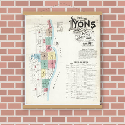 Old map wall art mockup — magnetic wood frame on brick wall — Sanborn Fire Insurance Map from Lyons, Clinton County, Iowa (1897) â€” Complete Set