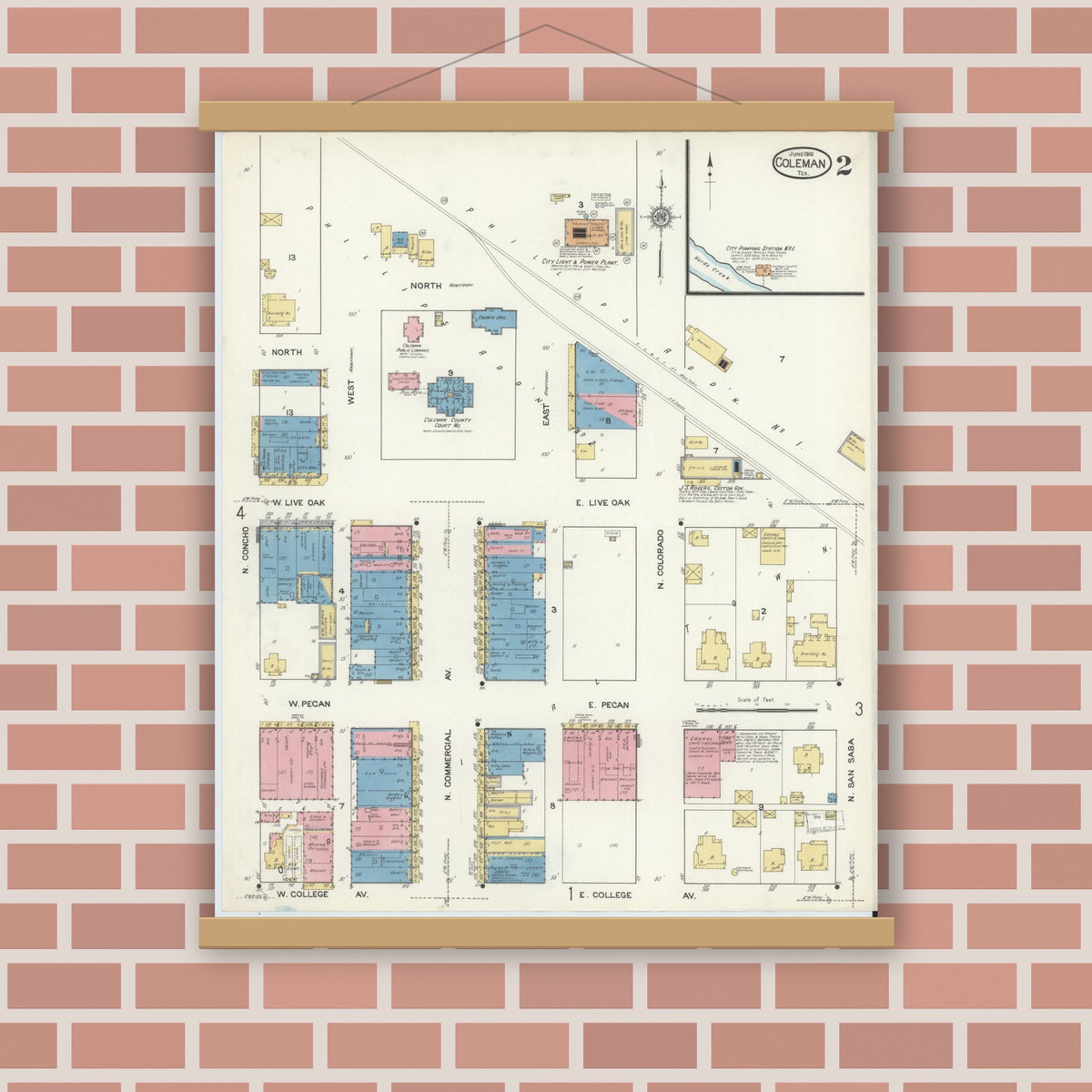 Old map wall art mockup — magnetic wood frame on brick wall — Sanborn Fire Insurance Map from Coleman, Coleman County, Texas (1916), Sheet #0002