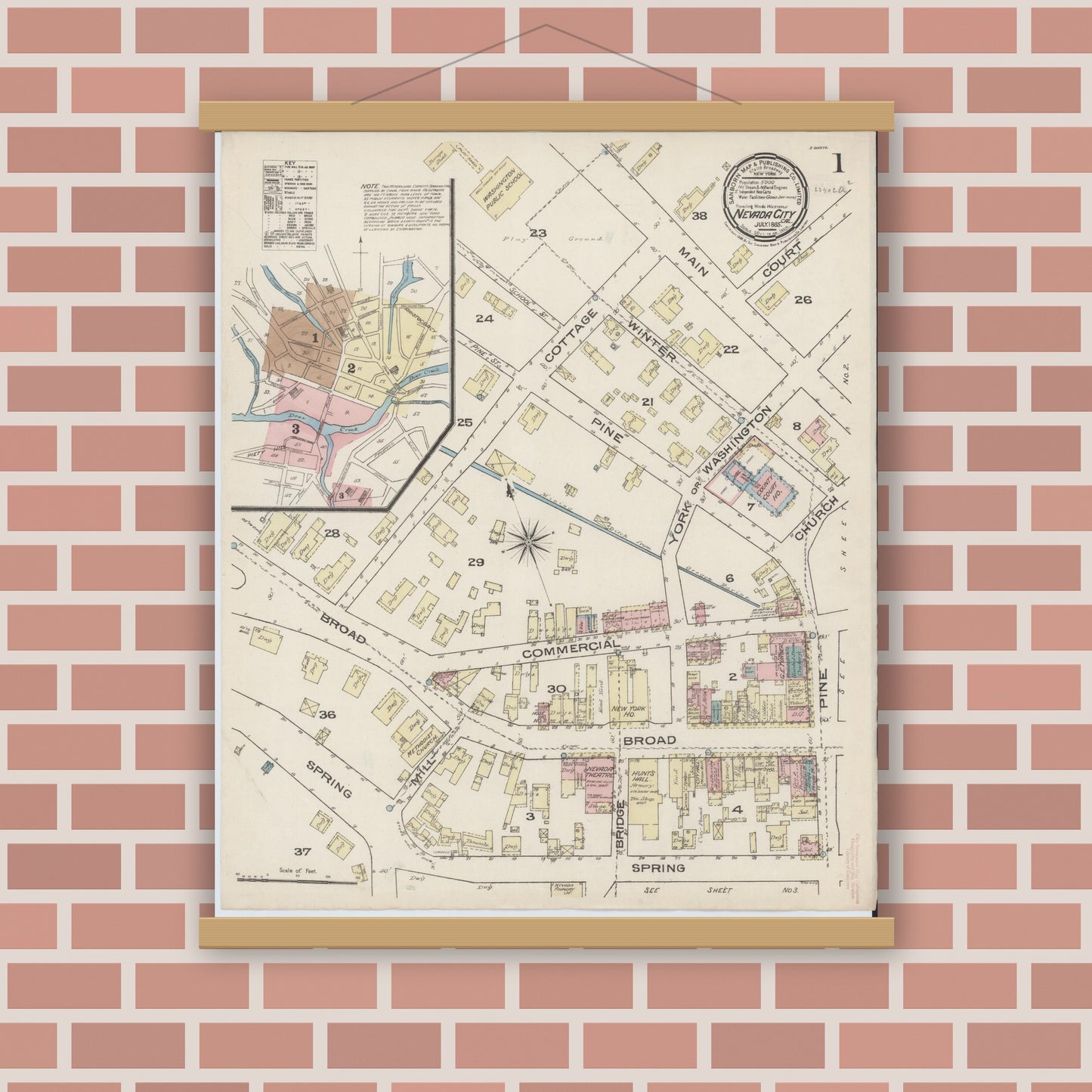 Old map wall art mockup — magnetic wood frame on brick wall — Sanborn Fire Insurance Map from Nevada City, Nevada County, California (1885) - Complete Map Set