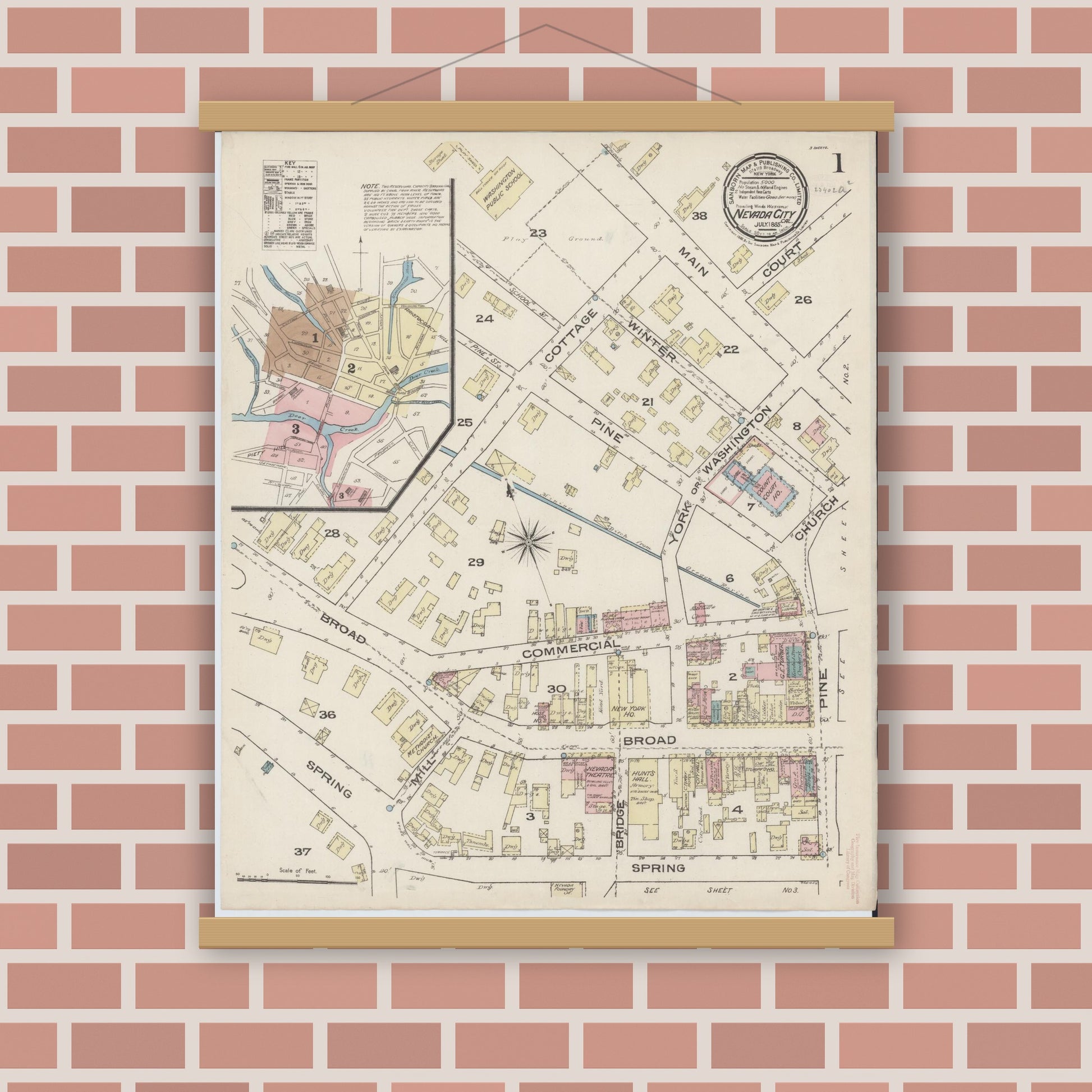 Old map wall art mockup — magnetic wood frame on brick wall — Sanborn Fire Insurance Map from Nevada City, Nevada County, California (1885) - Complete Map Set