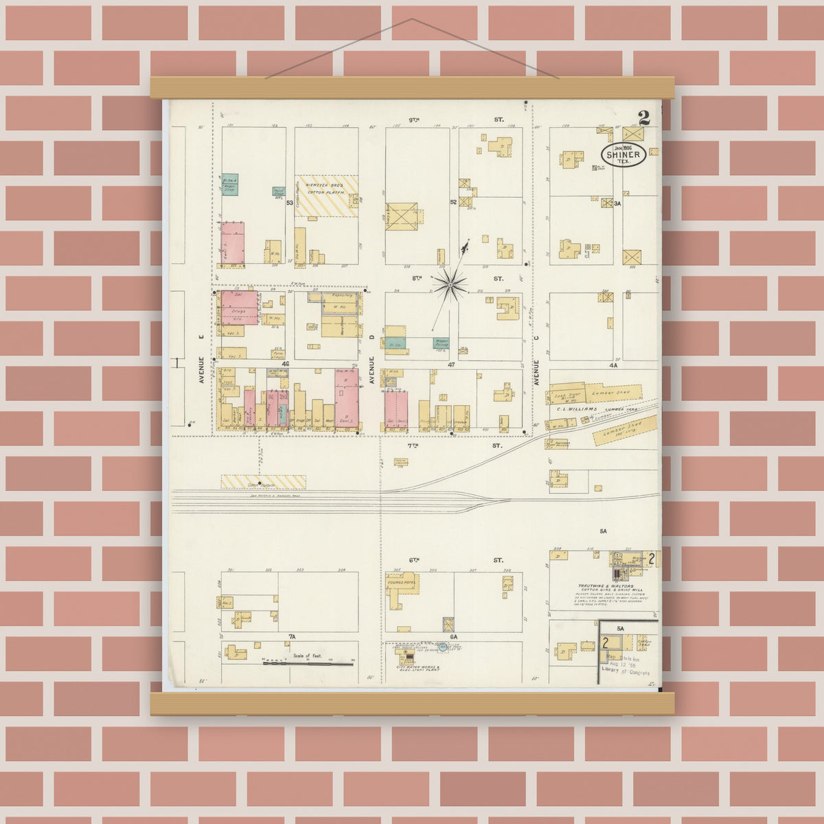 Old map wall art mockup — magnetic wood frame on brick wall — Sanborn Fire Insurance Map from Shiner, Lavaca County, Texas (1906), Sheet #0002