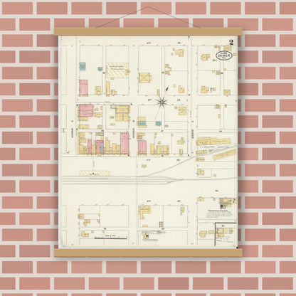 Old map wall art mockup — magnetic wood frame on brick wall — Sanborn Fire Insurance Map from Shiner, Lavaca County, Texas (1906), Sheet #0002