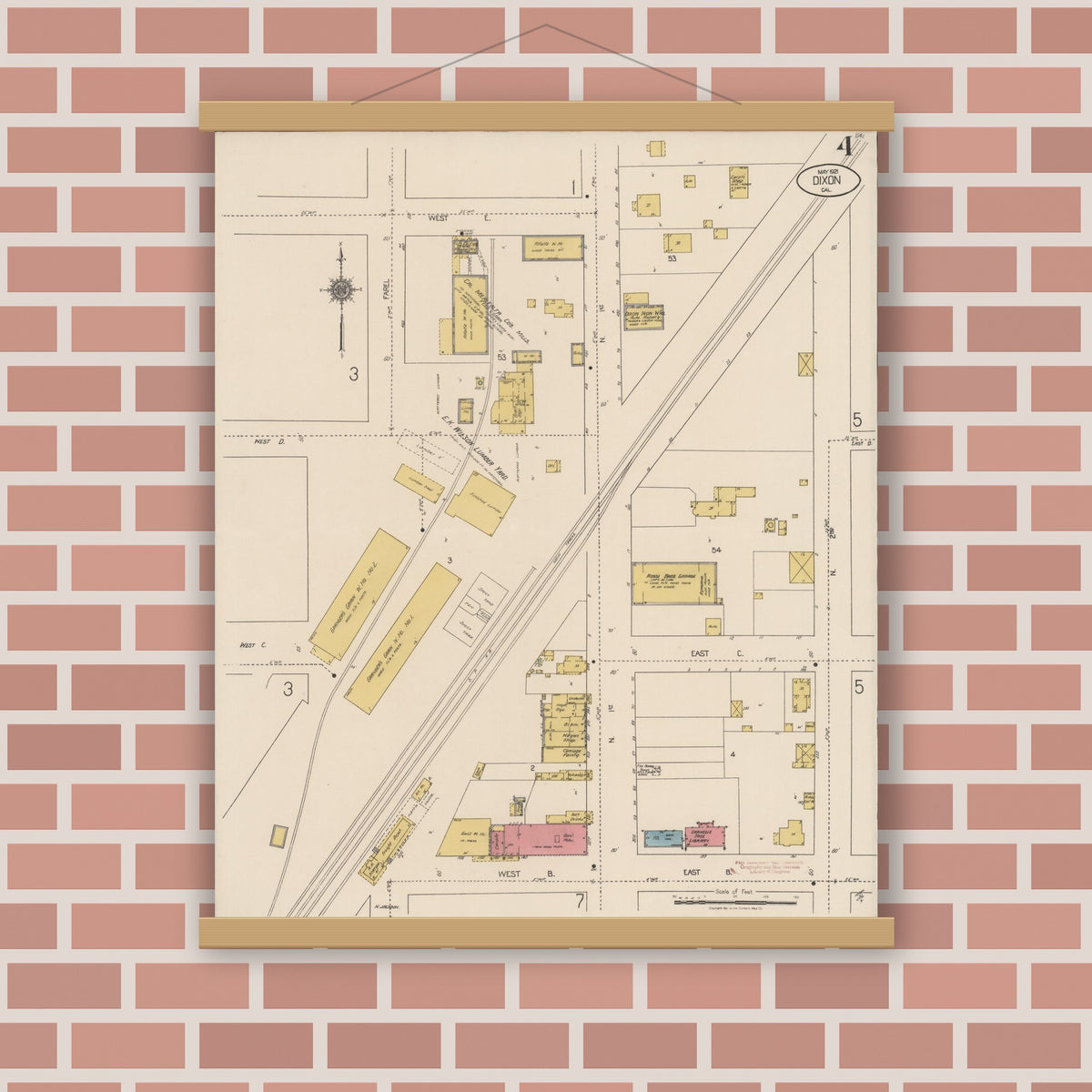 Old map wall art mockup — magnetic wood frame on brick wall — Sanborn Fire Insurance Map from Dixon, Solano County, California (1921), Sheet #0004