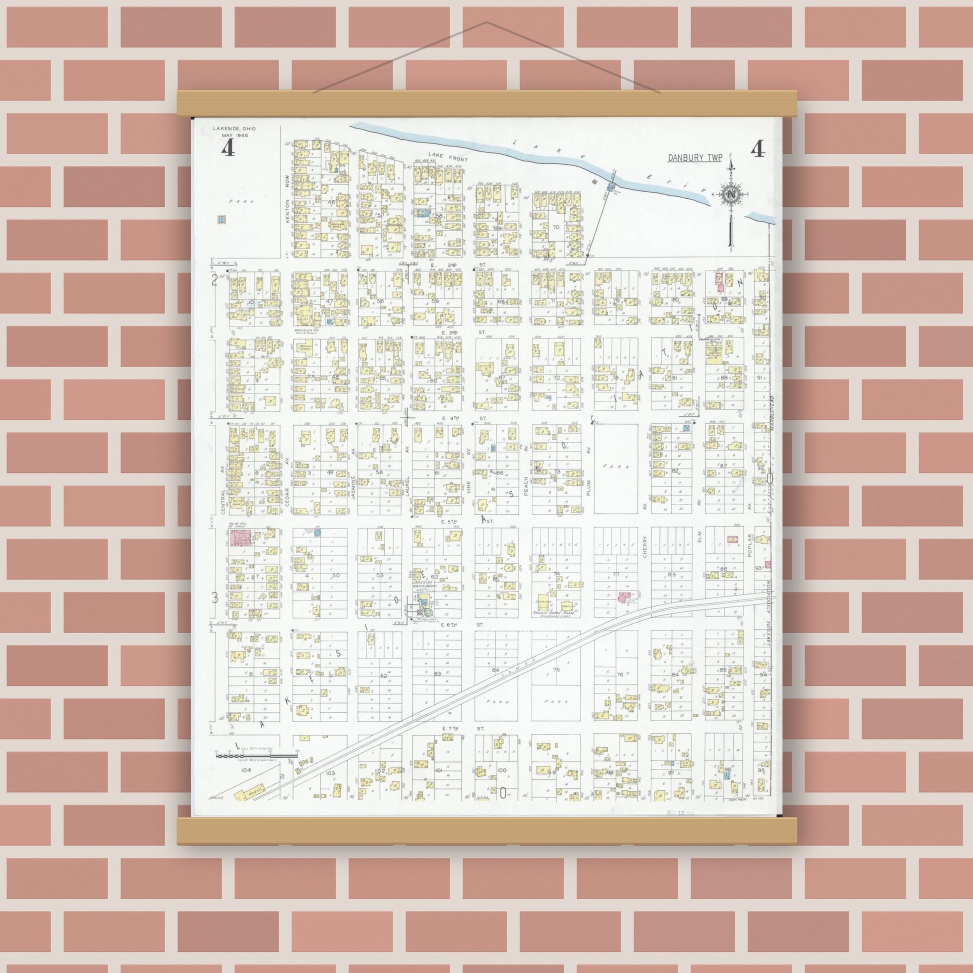 Old map wall art mockup — magnetic wood frame on brick wall — Sanborn Fire Insurance Map from Lakeside, Ottawa County, Ohio (1946), Sheet #0004
