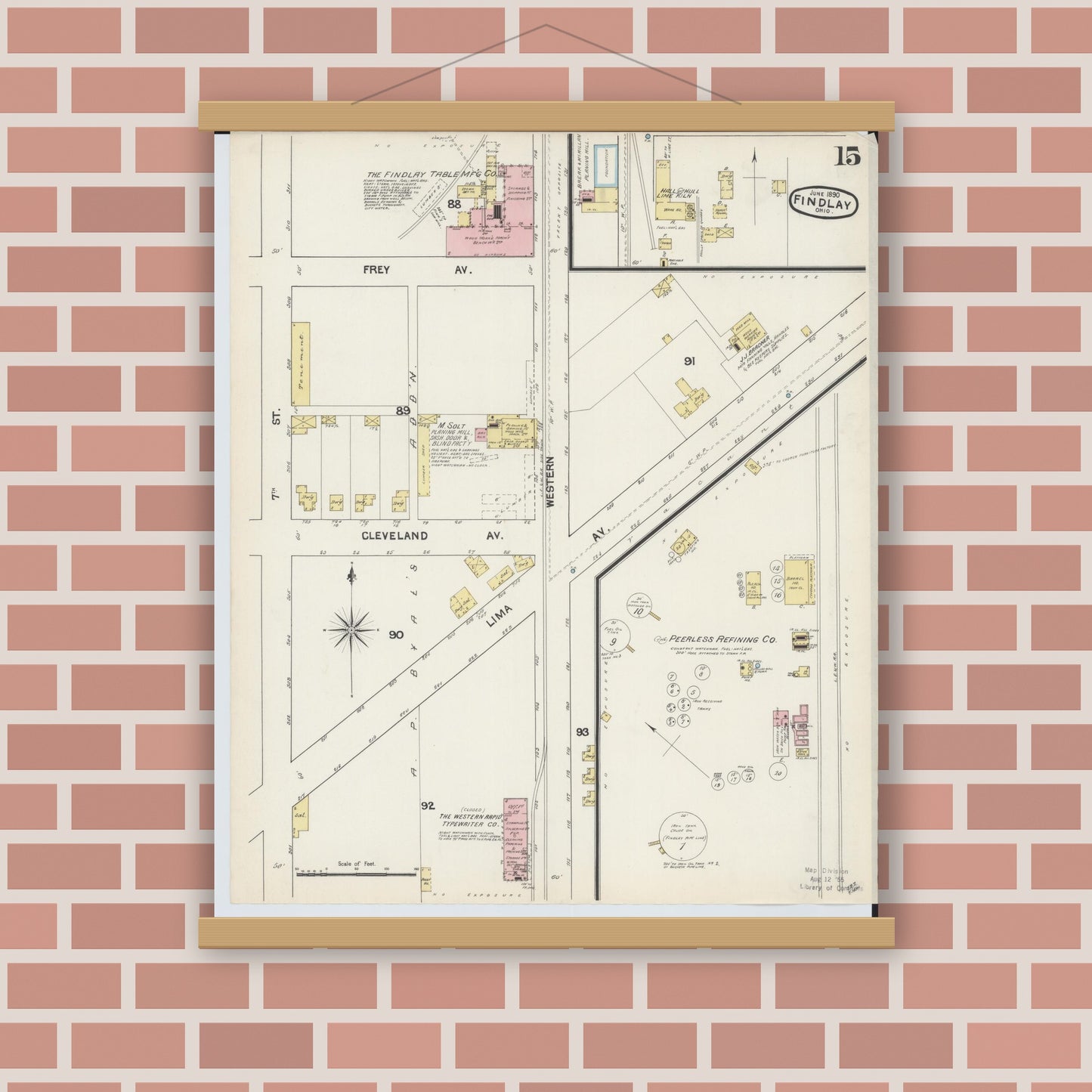 Old map wall art mockup — magnetic wood frame on brick wall — Sanborn Fire Insurance Map from Findlay, Hancock County, Ohio (1890), Sheet #0015