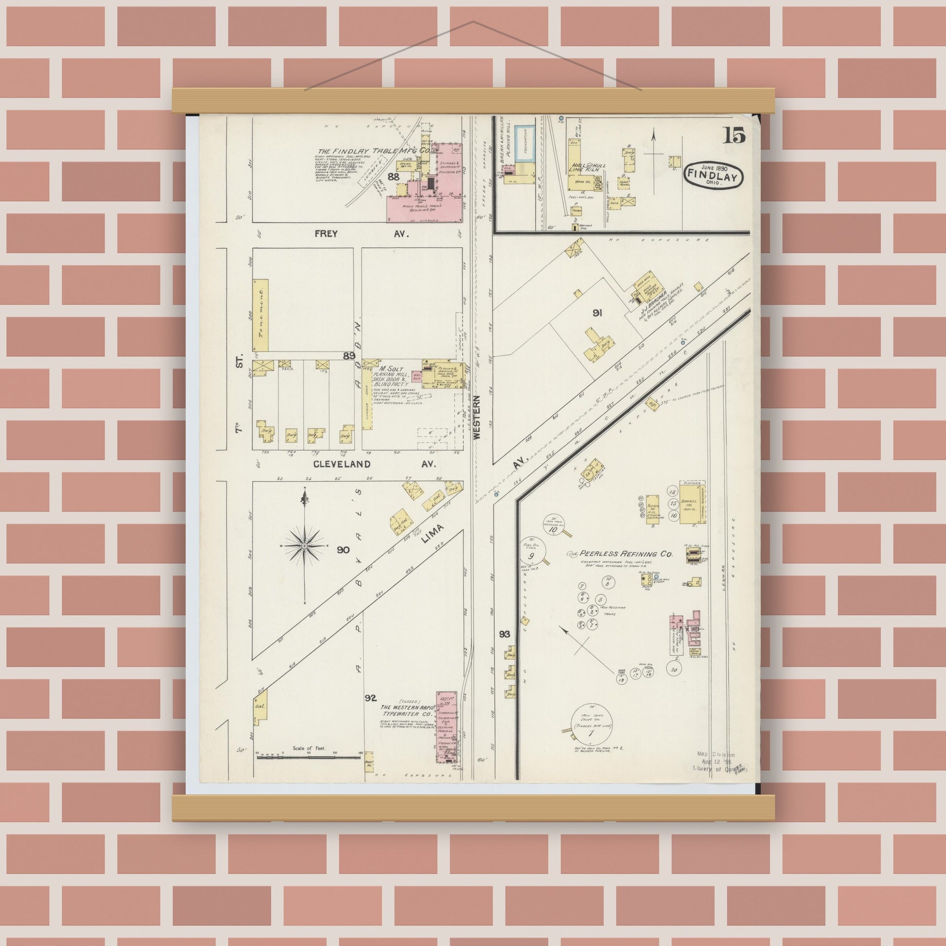 Old map wall art mockup — magnetic wood frame on brick wall — Sanborn Fire Insurance Map from Findlay, Hancock County, Ohio (1890), Sheet #0015