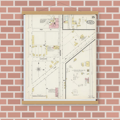 Old map wall art mockup — magnetic wood frame on brick wall — Sanborn Fire Insurance Map from Findlay, Hancock County, Ohio (1890), Sheet #0015