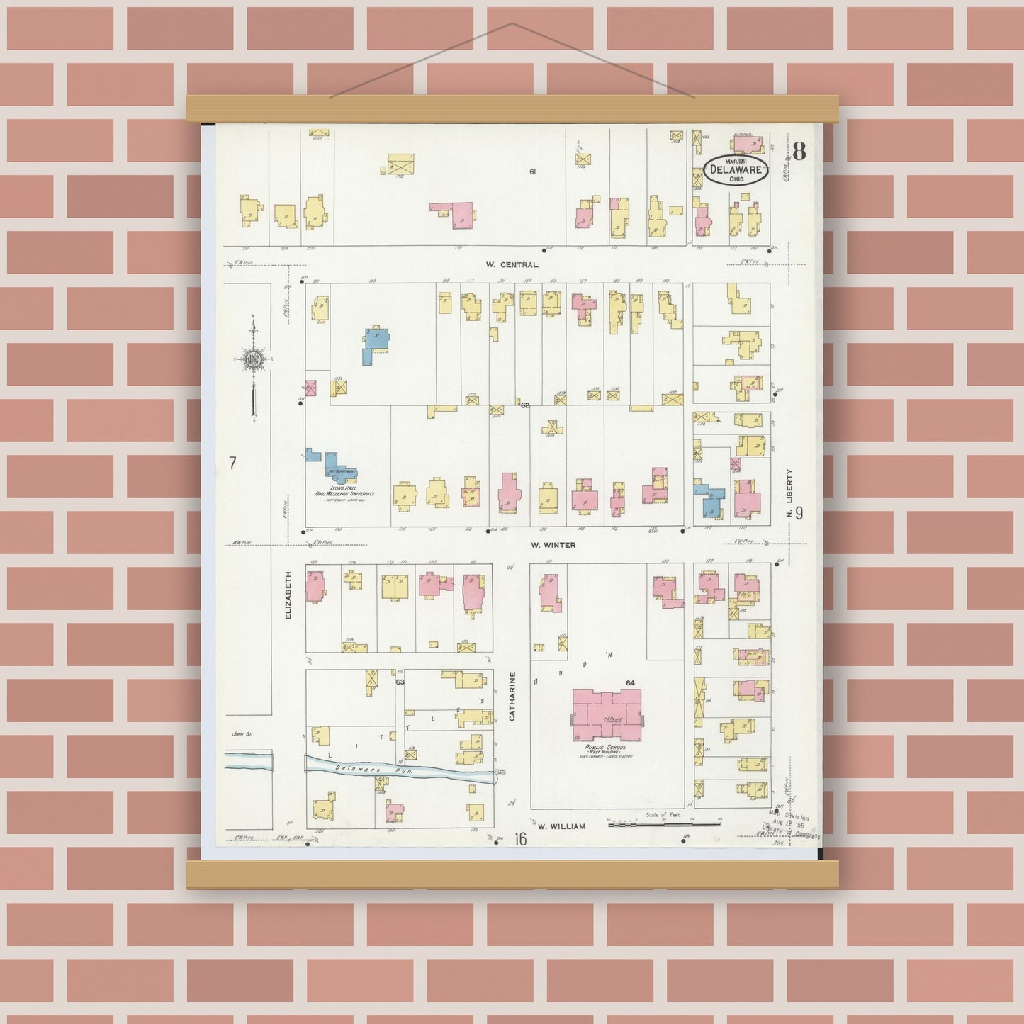 Old map wall art mockup — magnetic wood frame on brick wall — Sanborn Fire Insurance Map from Delaware, Delaware County, Ohio (1911), Sheet #0008