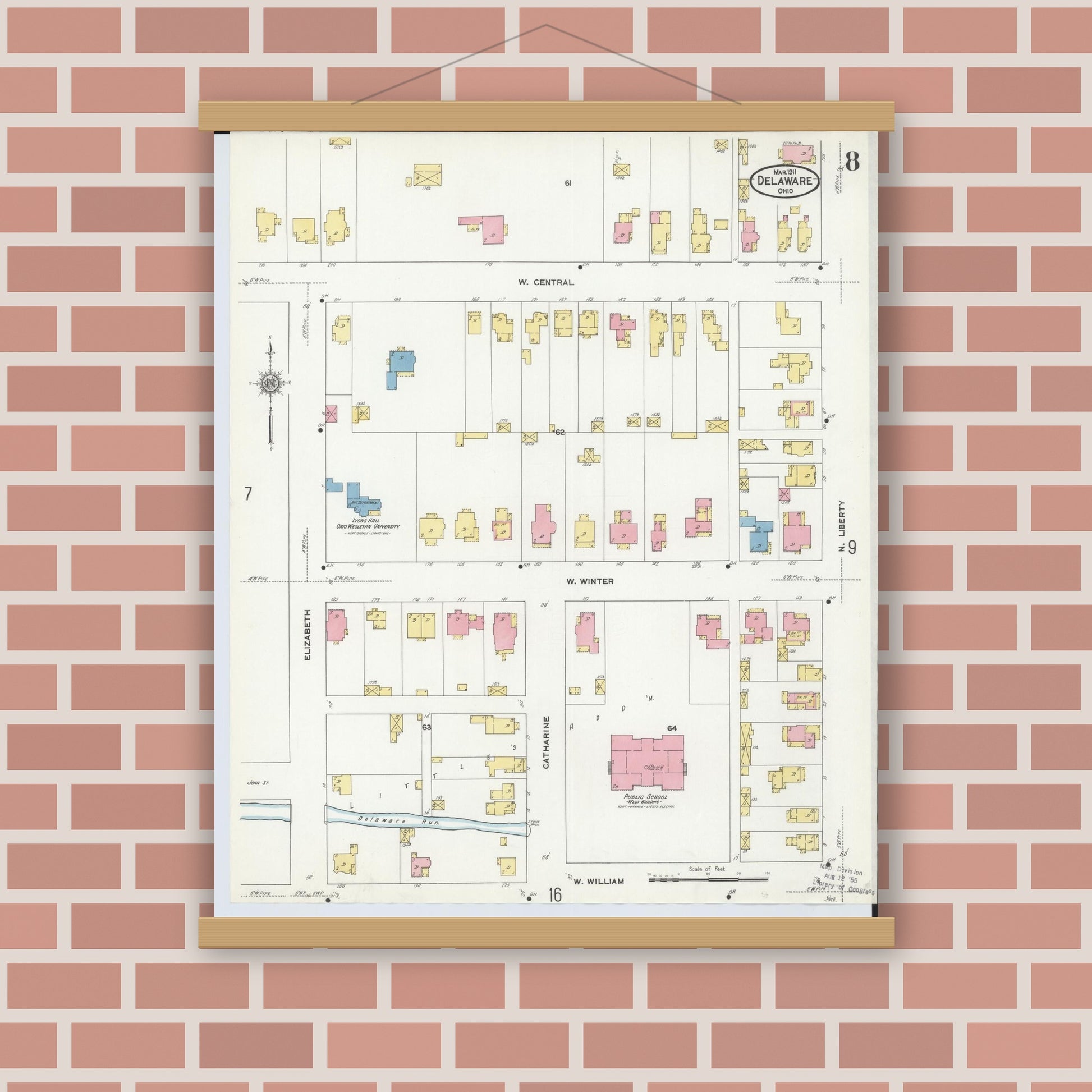 Old map wall art mockup — magnetic wood frame on brick wall — Sanborn Fire Insurance Map from Delaware, Delaware County, Ohio (1911), Sheet #0008