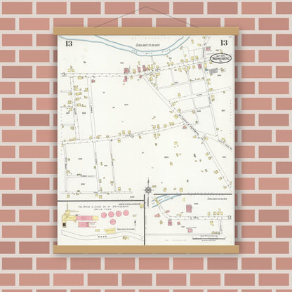 Old map wall art mockup — magnetic wood frame on brick wall — Sanborn Fire Insurance Map from Waynesburg, Greene County, Pennsylvania (1925), Sheet #0013