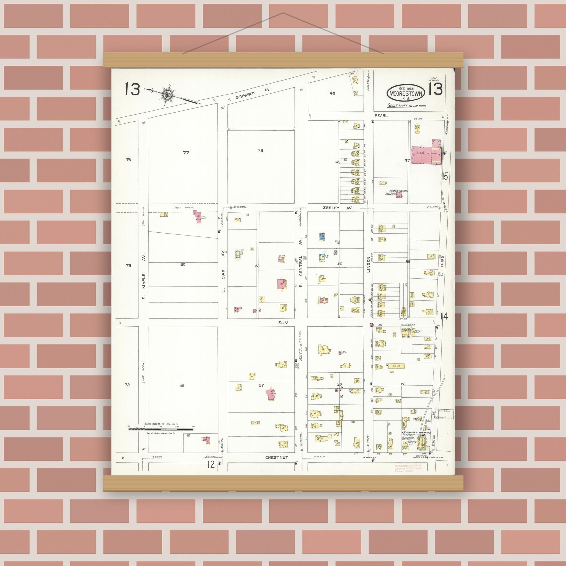Old map wall art mockup — magnetic wood frame on brick wall — Sanborn Fire Insurance Map from Moorestown, Burlington County, New Jersey (1923), Sheet #0013