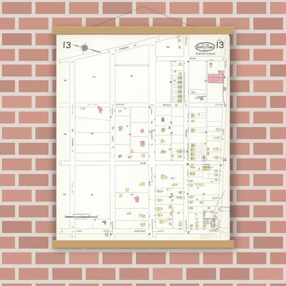 Old map wall art mockup — magnetic wood frame on brick wall — Sanborn Fire Insurance Map from Moorestown, Burlington County, New Jersey (1923), Sheet #0013