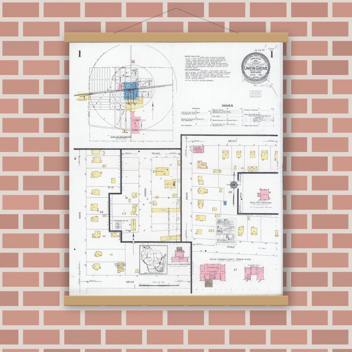Old map wall art mockup — magnetic wood frame on brick wall — Sanborn Fire Insurance Map from Union Grove, Racine County, Wisconsin (1929) - Complete Map Set
