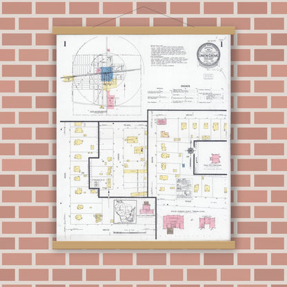 Old map wall art mockup — magnetic wood frame on brick wall — Sanborn Fire Insurance Map from Union Grove, Racine County, Wisconsin (1929) - Complete Map Set