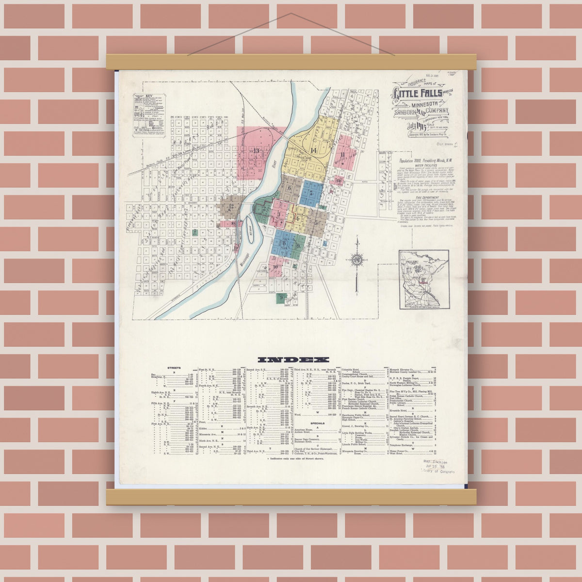 Old map wall art mockup — magnetic wood frame on brick wall — Sanborn Fire Insurance Map from Little Falls, Morrison County, Minnesota (1915) - Complete Map Set