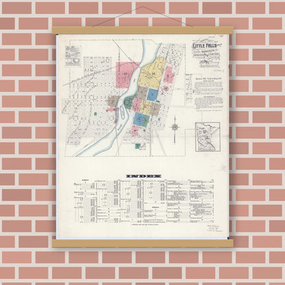 Old map wall art mockup — magnetic wood frame on brick wall — Sanborn Fire Insurance Map from Little Falls, Morrison County, Minnesota (1915) - Complete Map Set