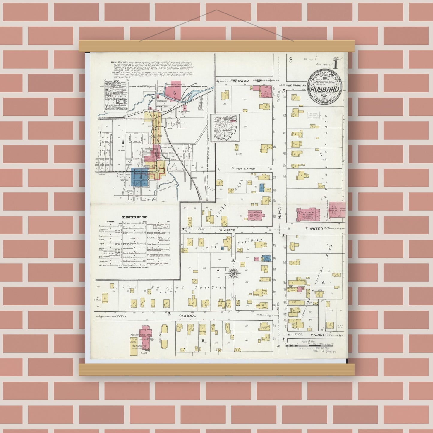 Old map wall art mockup — magnetic wood frame on brick wall — Sanborn Fire Insurance Map from Hubbard, Trumbull County, Ohio (1921), Sheet #0001