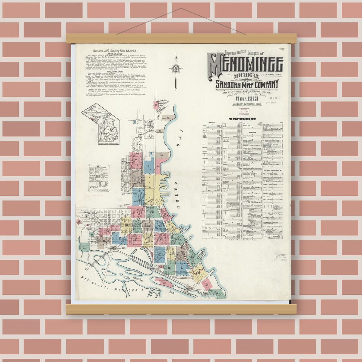 Old map wall art mockup — magnetic wood frame on brick wall — Sanborn Fire Insurance Map from Menominee, Menominee County, Michigan (1913), Sheet #0001