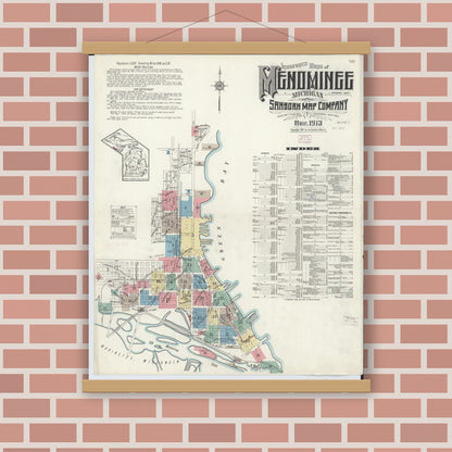 Old map wall art mockup — magnetic wood frame on brick wall — Sanborn Fire Insurance Map from Menominee, Menominee County, Michigan (1913), Sheet #0001